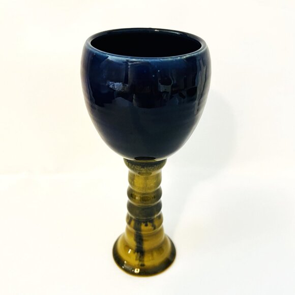 Handcrafted Pottery Cobalt Blue & Brown Glazed Stem Goblet Two-Tone Stoneware - Picture 8 of 8